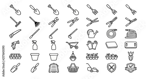 Gardening tool icons set, 42 line art garden equipment vectors, minimalist horticulture and landscaping symbols for web design