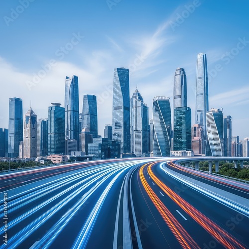 A wide futuristic highway with glowing light trails leads toward a towering modern city skyline under a clear bright blue sky at daytime, glowing, scenery, steel