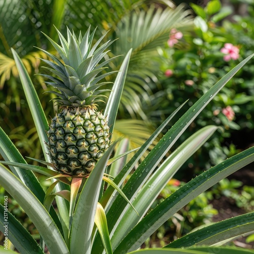 A young green pineapple fruit grows from the center of sharp spiky leaves in a lush tropical garden under bright natural outdoor sunlight, young, agricultural, healthy
