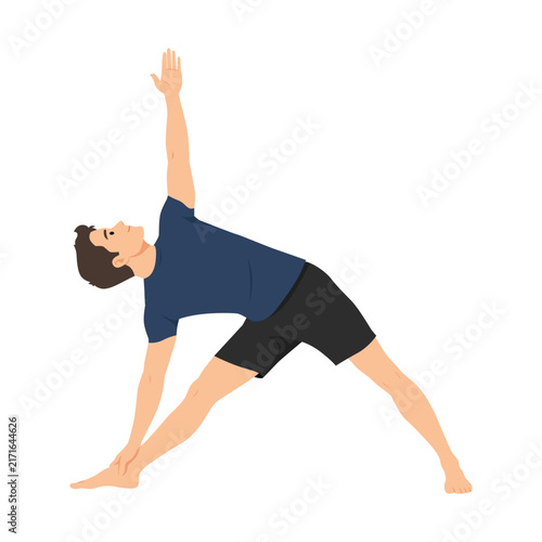 Man Performing Triangle Pose. Trikonasana. Flat vector illustration isolated on white background