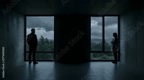 Man and woman stand separated in dark room looking out rainy windows