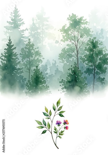Dreamy watercolor forest background featuring misty trees and soft green tones. Ideal design template for artistic invitations and nature, creative, texture, watercolor