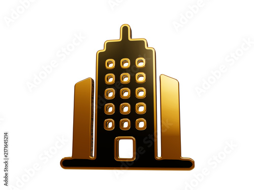 Corporate office building icon in gold and dark metallic style representing modern business real estate company.
