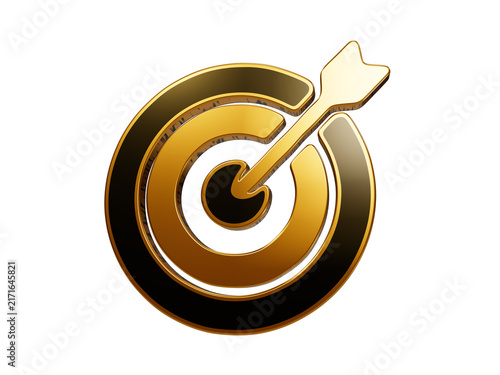 Metallic gold and black bullseye target icon with arrow piercing center point for business goal achievement aim.