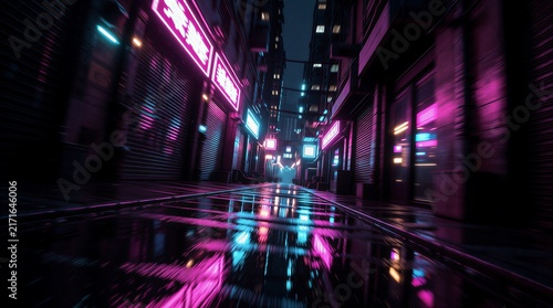 Futuristic cyberpunk city street at night with pink and blue neon lights reflecting on wet pavement.