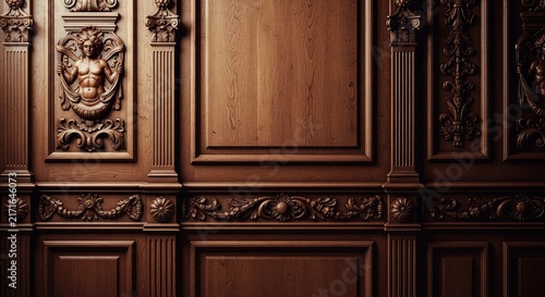 Intricate carvings on a dark brown wooden wall paneling provide a classic vintage background with aged textures and decorative mouldings, design, ornate, texture