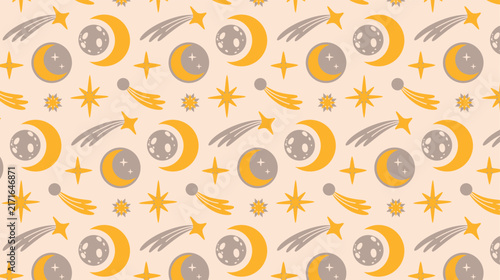 Vector seamless pattern with Moon, eclipse, shooting and sparkling stars, constellation, comets, star trails in cartoon hand drawn style. Template in a charming outer space for design and printing. 