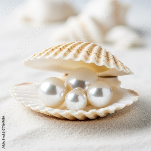 Three elegant white pearls rest inside a natural open seashell on pristine white sand, featuring a soft blurred background for luxury feel, textured, serene, composition