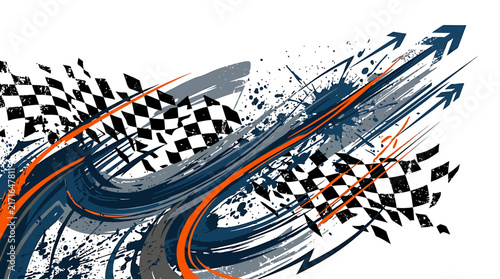 Dynamic racing flag and arrow elements with grunge texture.