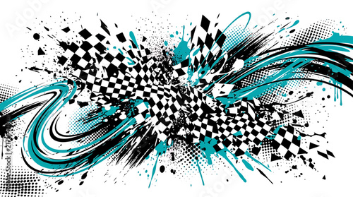 Dynamic checkered flag racing grunge background with vibrant teal splashes.