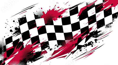 Dynamic checkered flag with grunge and paint splatters.