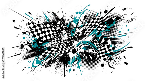 Dynamic racing flag explosion with grunge and halftone effects.
