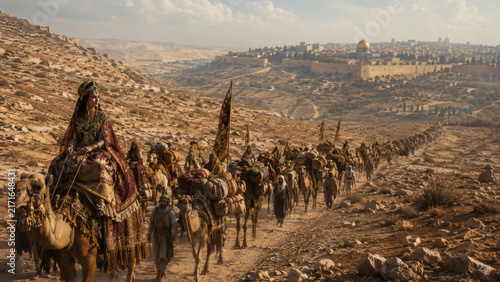 Queen Of Sheba Approaching Jerusalem With Her Large Caravan During Her Famous Visit To King Solomon
