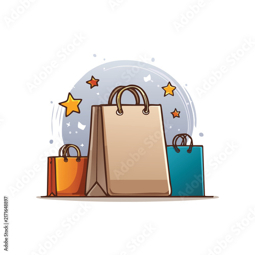 Shopping bags stand together with golden stars.