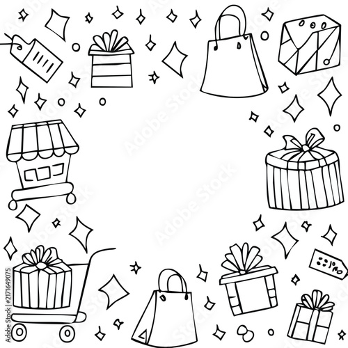 Gift boxes and shopping bags form a border frame.