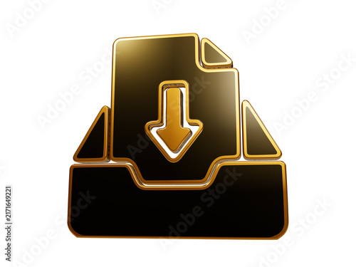 Document download icon in gold and black 3d render for web button design graphic interface element.