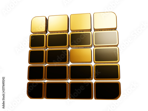 Abstract gold and black grid of 3d rendered square blocks for modern tech backgrounds or patterns.