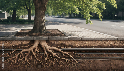 Photorealistic image of tree roots emerging from ground near railway tracks