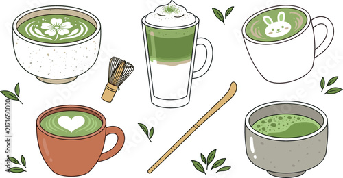 Japanese cafe matcha green tea latte vector illustration set with traditional powder bowls bamboo whisk heart and rabbit art cups