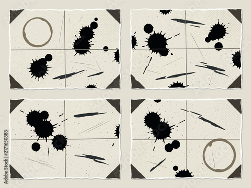 Black Ink Splash and Splatter on Vintage Paper Layouts Vector Set. Grunge Stain, Calligraphy Slops, and Coffee Ring Marks on Retro Torn Frames. Detective Mystery Comic Board Game Assets.