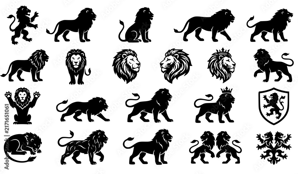 Naklejka premium Lion Silhouette Icon Set with Crown, Shield and Heraldic Standing Poses for Royal Logo Design