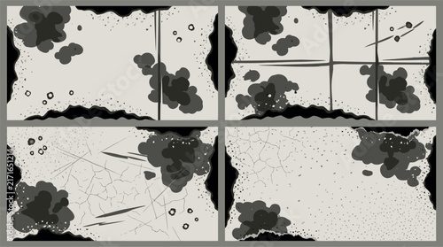Burnt Paper Frame Templates Vector Set. Distressed Vintage Parchment Backgrounds with Black Ash Edges, Smoke Clouds, and Scorched Scratches. Fantasy Comic and Game Board UI Layout Assets.