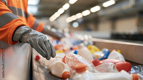 Worker sorting colorful recyclable plastic containers along recycling conveyor, wearing protective gloves and workwear in industrial facility