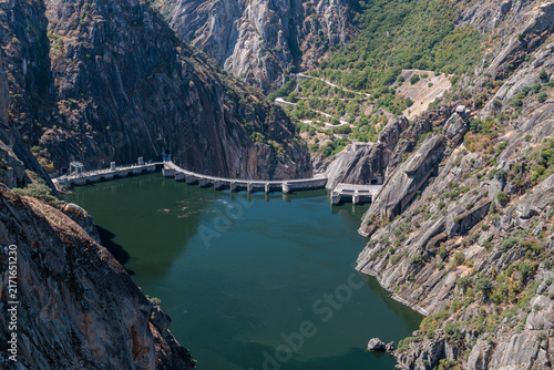 Aldeadávila Dam and Reservoir from the Picón de Felipe viewpoint. Duero River, Salamanca, Castile and León, Spain. Arribes del Duero Natural Park.