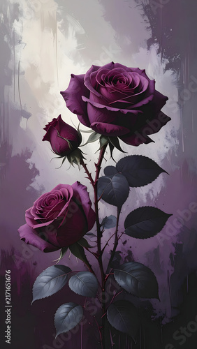 Burgundy roses emerging from shadow onto a dark grunge background creating a romantic mood generative AI