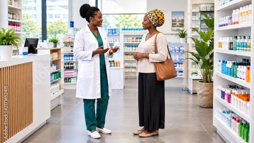 Pharmacist Advising Customer in Modern Community Pharmacy