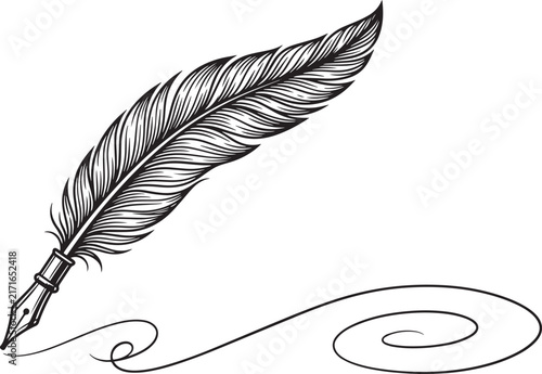 Vintage feather quill pen sketching a black ink swirl line on white background