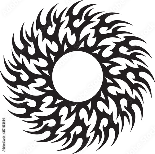 Tribal flame sun tattoo design graphic element on white background with abstract