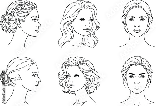 Set of six hand drawn female portraits with different hairstyles including buns, braids, and wavy hair in a simple black line style