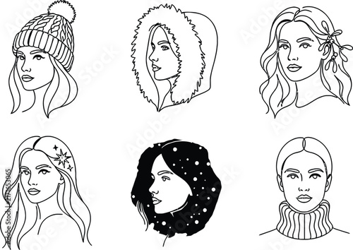 Set of six black and white line portraits of women wearing winter hats, hoods, and decorated with seasonal like stars and mistletoe