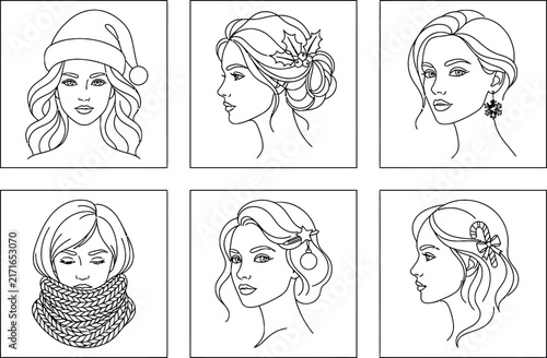 Set of six black and white line portraits of women wearing christmas themed accessories like santa hats, holly, snowflakes, and candy canes