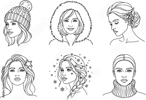 Set of six black and white line portraits of women wearing winter hats, fur hoods, and decorated with snowflakes or seasonal ornaments