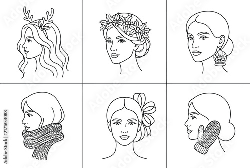 Set of six black and white line portraits of women wearing winter accessories like reindeer antlers, holly wreaths, scarves, and mittens