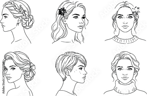 Set of six black and white line portraits of women with different hairstyles, including braids, short hair, and wearing winter sweaters