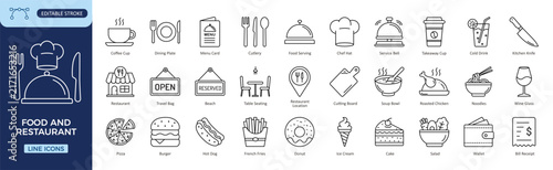 Food and Restaurant Line Icons Set – 30 Editable Outline Vector Icons for Kitchen, Café, Dining and Fast Food