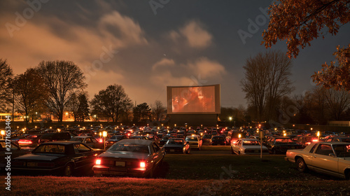 Cars parked at a drive-in theater watching a holiday movie