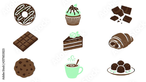Bakery Chocolate Desserts Silhouette Icon Sheet Vector Set with Chocolate Donuts, Cupcakes and Bar Pieces on Isolated White Background Grid