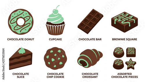 Bakery Chocolate Desserts Silhouette Icon Sheet Vector Set with Chocolate Donuts, Cupcakes and Bar Pieces on Isolated White Background Grid
