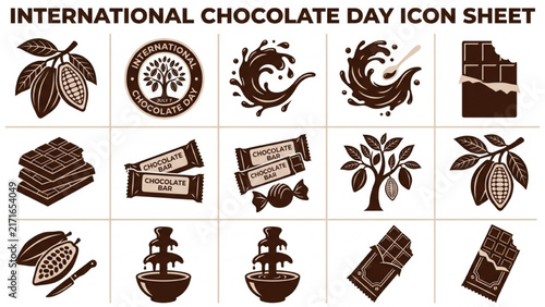 International Chocolate Day Silhouette Icon Sheet Vector Set with Cocoa Pods, Melted Chocolate, Slabs and Candy Wrappers on Isolated White Background