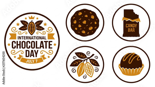International Chocolate Day Silhouette Icon Sheet Vector Set with Cocoa Pods, Melted Chocolate, Slabs and Candy Wrappers on Isolated White Background
