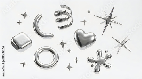 Assorted silver chrome 3d shapes and stars arrangement