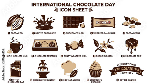 International Chocolate Day Silhouette Icon Sheet Vector Set with Cocoa Pods, Melted Chocolate, Slabs and Candy Wrappers on Isolated White Background