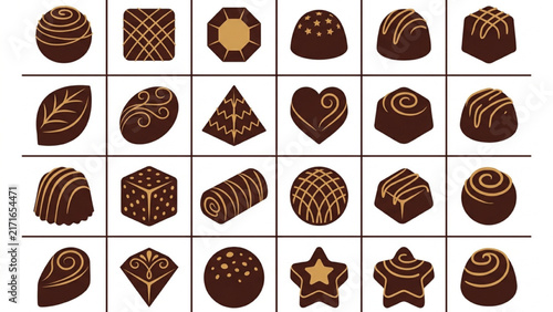 Gourmet Truffles and Pralines Silhouette Icon Sheet Vector Set with Drizzled Chocolate and Assorted Shapes on Isolated Plain White Background