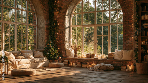 Yoga studio decorated for Christmas retreat in a bright space