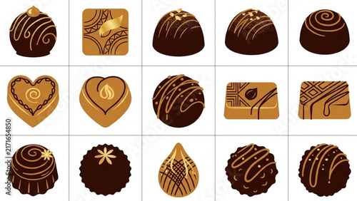 Gourmet Truffles and Pralines Silhouette Icon Sheet Vector Set with Drizzled Chocolate and Assorted Shapes on Isolated Plain White Background