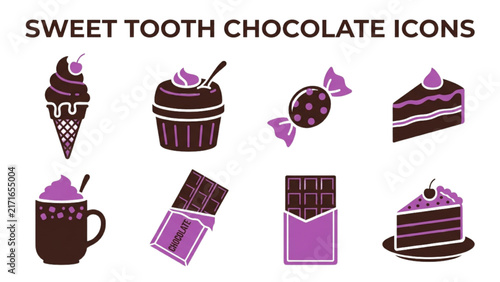 Chocolate Ice Cream and Dessert Silhouette Icon Sheet Vector Set with Chocolate Soufflé, Wrapped Candy and Treats on Isolated White Background